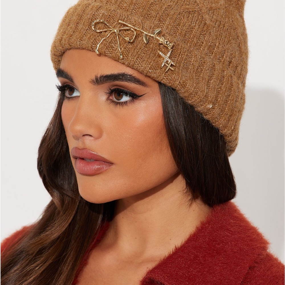 Fashion Nova Tan Knit Beanie with Gold Details